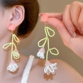 Pink rose floral earrings with long white and yellow beaded tassels for beach style - 173# Silver Pin - Pink Green