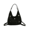 Large black hobo shoulder bag with metallic butterfly accents and adjustable strap - Black without Pendant