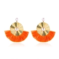 Bohemian style fan-shaped tassel earrings in bright orange and gold with white pearls - Orange