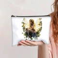 Detailed close-up of a white canvas makeup bag featuring a fantasy fairy girl illustration - White Dreamy Elf Fairy (jiayingpbb079)