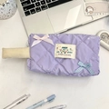 Purple quilted macaron pencil case with ribbon bows and cartoon label in soft violet - Light Purple Plaid