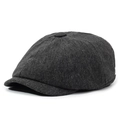 Side view of dark gray textured cotton linen newsboy cap with classic retro herringbone pattern - Elastic 57-59cm / Tweed Black