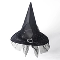 Black Oxford wizard hat with silver star tulle and rhinestone buckle on white background - Adult / Black Silver Stars Mesh
