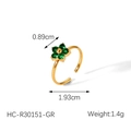 Dettaglio anello a fiore dorato con zirconi verdi e indicazione misure di 0,89 cm - Fiore Verde Smeraldo (HC-R30151-GR)