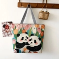 Artistic tote bag with cartoon pandas and tulip floral print on striped straps - Panda Brothers