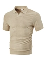 Men's striped short sleeve polo shirt in beige jacquard with a breathable V-neck design - Khaki