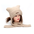 Cute Japanese style knitted cat ear beanie with integrated neck scarf for women - Beige
