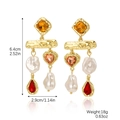 Baroque pearl asymmetric earrings with heart charms and colorful gemstones in gold finish - E2308-26 Yellow Pink Red Glass