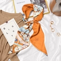Orange long twilly silk scarf with clock gear prints and elegant satin texture - #410 Mechanical Watch Orange Yellow