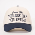Off-white and navy contrast baseball cap with 'YOU LOOK LIKE YOU LOVE ME' embroidery - Cream/Navy Blue