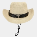 Close-up of straw cowboy hat featuring bull head metal ornament and leather band - Beige