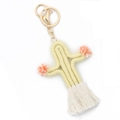 Handmade woven cactus keychain in pale yellow-green with orange pom-poms and white tassels - Yellow
