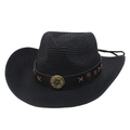 Black straw western cowboy hat with brown leather belt and bronze flower buckle detail - One Size (Approx. 56-58cm) / Black (Clover Belt + Windproof Rope)