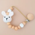 White crochet bunny baby pacifier clip with natural wooden beads and geometric shapes - White