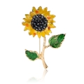 Elegant sunflower brooch with yellow enamel petals and black rhinestone center on white base - Sunflower - Yellow