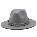 Detail of grey wool fedora hat featuring a colorful ethnic woven band and wide flat brim - M (56-58cm) / Ethnic Jazz Hat / Light Gray