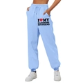 Light blue high waisted joggers with I Love My Handsome Boyfriend print on the left leg - S / Bottoms / Light Blue