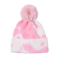 Detailed close-up showing the pink and white tie-dye knit texture and faux fur pompom - One Size / Tie-Dye Pink