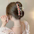 Elegant gold metal tulip hair claw clip with red enamel flowers and white pearls - Big Red Tulip-YZAP45-24