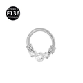 Silver F136 titanium hinged ring with three clear zircons and spring wire accents - Style 2 / Silver