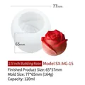 Detail van de 77x65mm 3D-roos siliconen mal met afmetingen en 120ml capaciteit specificatie - 2,5 inch ontluikende roos