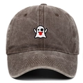Close-up of cute ghost embroidery on vintage washed cotton baseball cap texture - One Size / Coffee