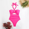 Close-up of pink halter swimsuit with cutout detail and ruching texture on flat lay - S / Rose Red