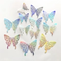 Set di 12 adesivi da parete a farfalla 3D traforati argento laser con riflessi olografici - Stile G / Argento Metallico