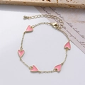 Detail of gold heart bracelet with five pink enamel pendants and adjustable lobster clasp - Light Pink Heart Enamel Bracelet (0428-5 Pink)