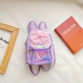 Mochila de lentejuelas moradas con orejas de conejo, lazo rosa y bolsillo holográfico - Morado