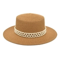 Detail of flat-top straw hat with elegant white faux pearl woven headband trim - M (56-58cm) / Camel