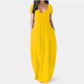 Short sleeve bright yellow maxi dress with a deep V-neck and side pockets for women - XL / Yellow