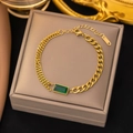 Golden double-layer chain bracelet with green rectangle emerald-cut zircon on jewelry box - Gold Green Zirconia Patchwork Bracelet (SLE224)