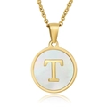 18K gold plated necklace with circular shell pendant featuring gold letter T inlay - White Mother of Pearl Letter T