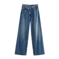 Jeans blu scuro a vita alta e gamba larga con design incrociato in vita alla moda - S / Blu