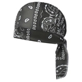 Detailed view of dark grey paisley print cycling bandana cap with adjustable back ties - One Size / Army Green Paisley