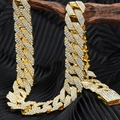 Golden 15mm diamond-studded cuban link necklace with clear rhinestones on wood - 50cm (20 Inch) / Gold