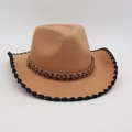 Camel western cowboy hat with woven black edge trim and beaded leather decorative band - Camel Black Edge With Brown Wood Beads