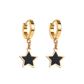 Detail of gold huggie hoop earrings with black enamel star pendants in a sleek design - Star