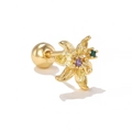 Golden flower stud earring with colorful zircon stones and ball back on white background - Style 1427 / Gold