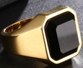 Men's vintage golden signet ring with large square black gemstone and carved pattern - Adjustable Open / Gold Square Black Gemstone