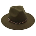 Detail of olive green fedora with leopard print band and golden metal buckle - Army Green