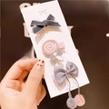 Handmade kids hair clip set with grey bow and pink crochet lollipop on card - 9# Pink Lollipop Set