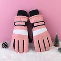 Pink and white winter gloves with adjustable wrist strap and warm fleece lining - One Size / Women's Pink