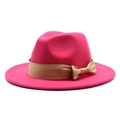 Elegant rose pink wool fedora hat with golden brown ribbon bow for women's fashion - Rose Red