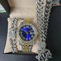 Mens iced-out watch and Cuban link chain set in gold and silver finish with blue dial - Blue Watch + Silver Bracelet and Necklace
