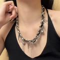 Y2K Punk black leather layered collar with silver star and spike charms for women - Tassel Rivet Pearl Patchwork Necklace