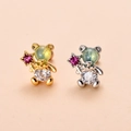 Macro shot of bear stud earrings with green gemstones and sparkling cubic zirconia details - 5# Bear-Silver