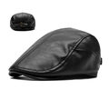 Classic black leather newsboy cap for men featuring a textured finish and adjustable buckle - Black 1