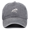 Vintage washed grey cotton baseball cap with wave embroidery and adjustable soft top - One Size / Gray